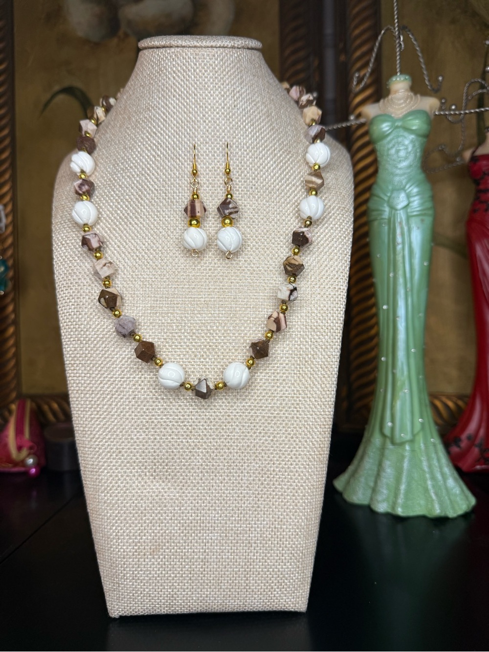 Handmade Austrian Zebra and White Coral Necklace and Earrings Set